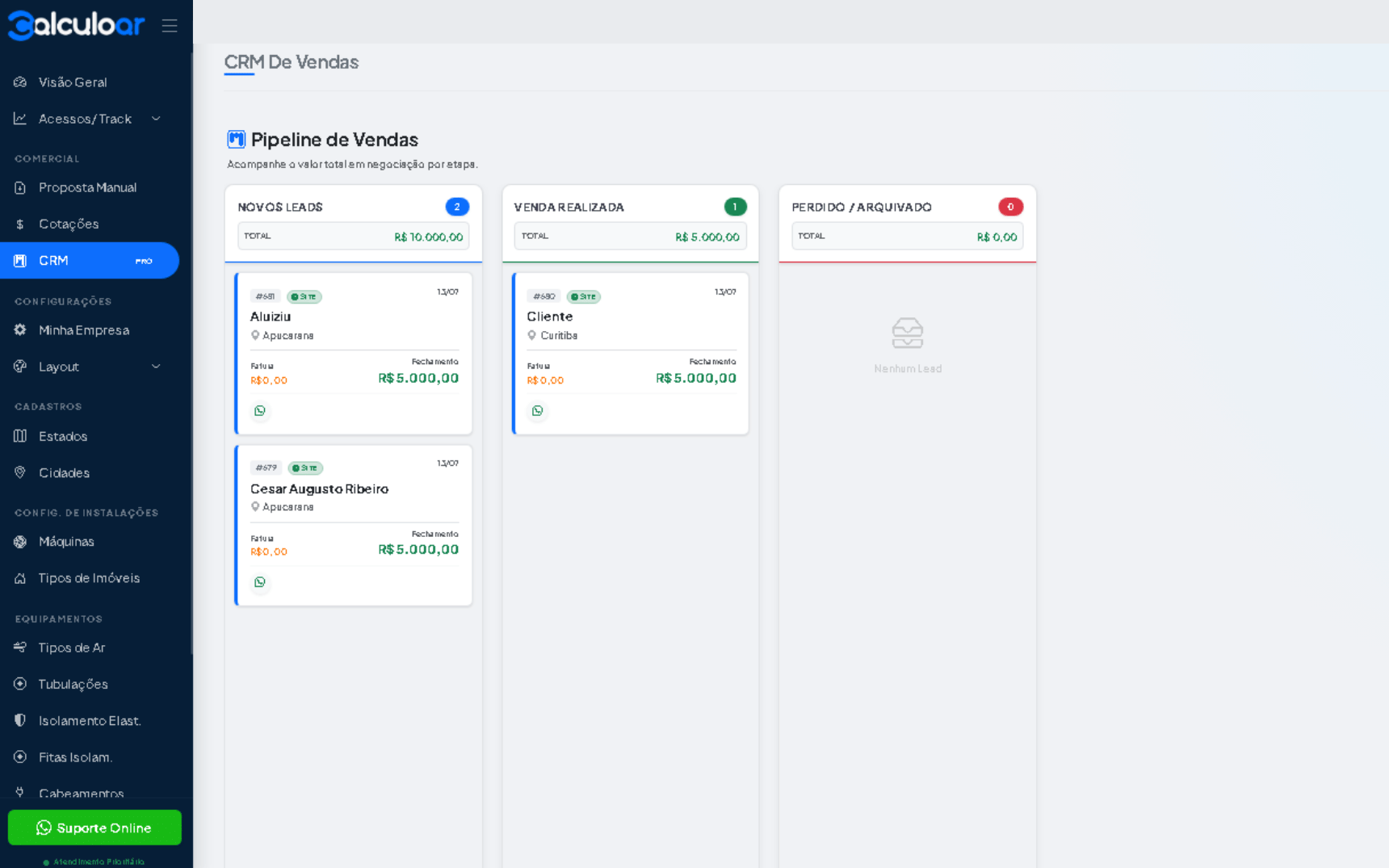 CRM Kanban do CalculoAR com o funil de vendas