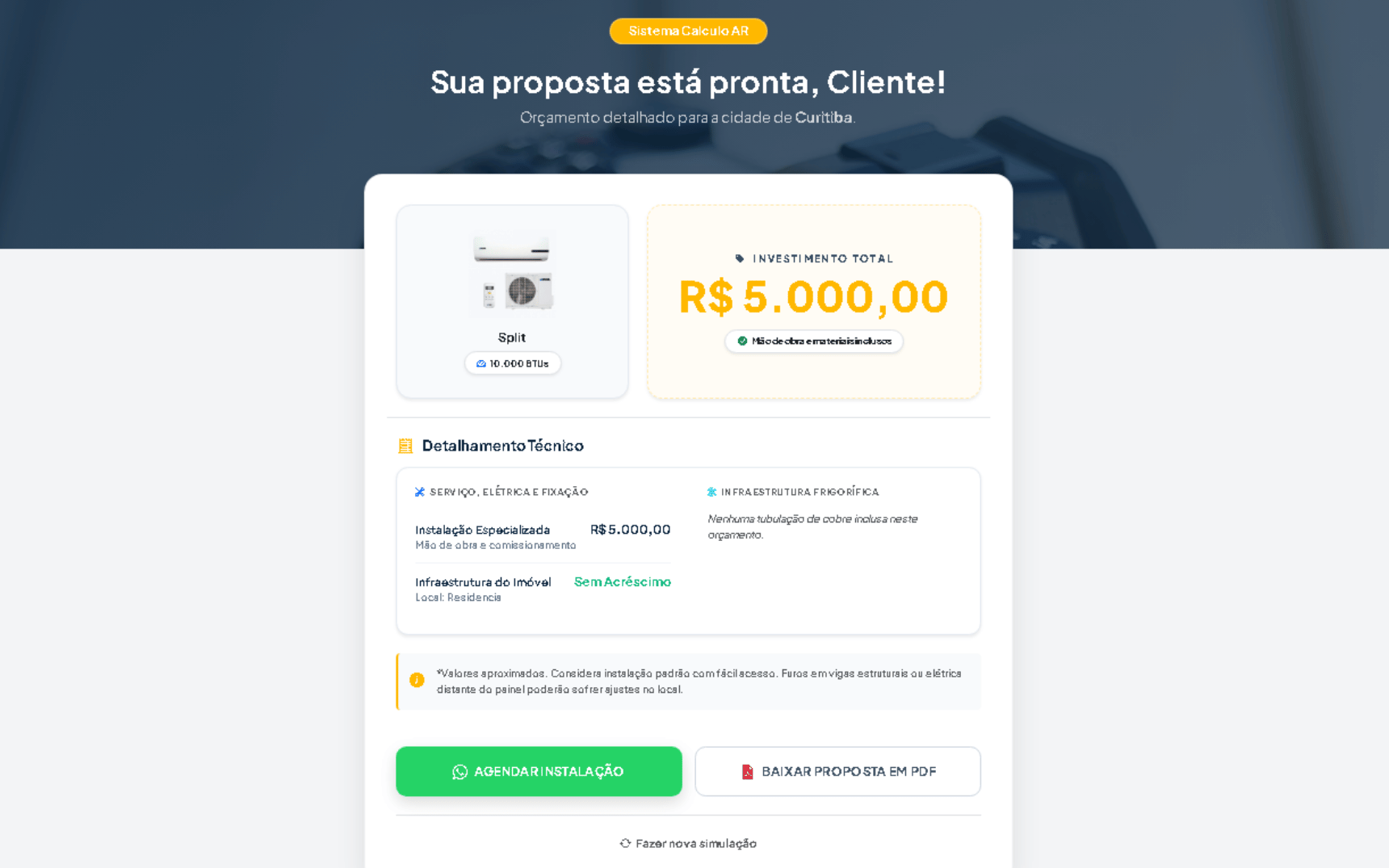 Resultado da calculadora CalculoAR mostrando a economia do cliente